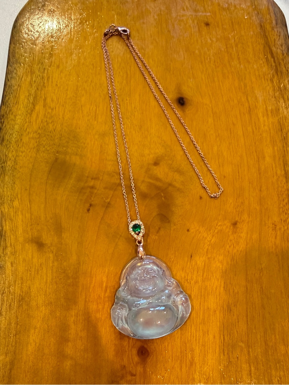 Rose Gold Necklace with Iridescent Jade Buddha Pendant and Green Accent Stone